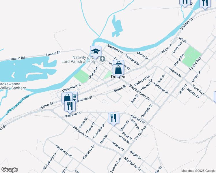 map of restaurants, bars, coffee shops, grocery stores, and more near 301 Lincoln Street in Duryea