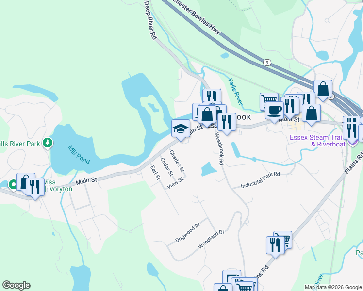 map of restaurants, bars, coffee shops, grocery stores, and more near 108 Main Street in Essex