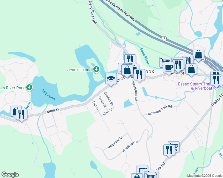 map of restaurants, bars, coffee shops, grocery stores, and more near 108 Main Street in Essex