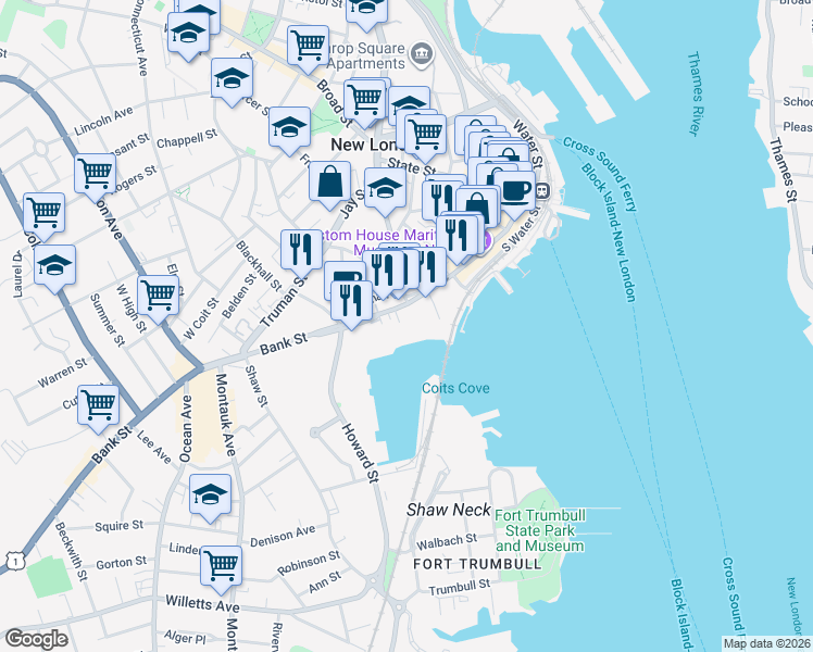 map of restaurants, bars, coffee shops, grocery stores, and more near 410 Bank Street in New London