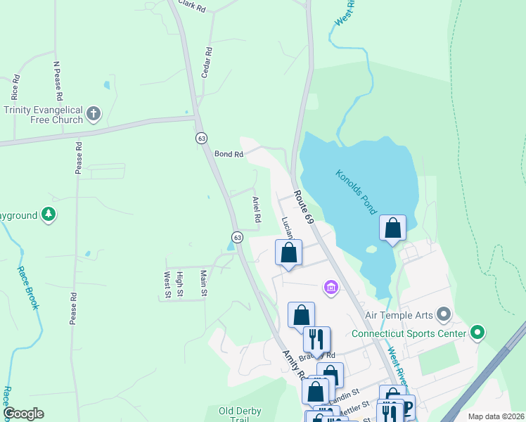 map of restaurants, bars, coffee shops, grocery stores, and more near 12 Ariel Road in Woodbridge