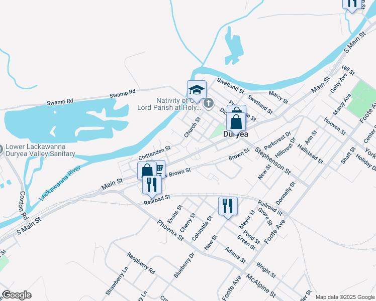 map of restaurants, bars, coffee shops, grocery stores, and more near 148 Short St in Duryea