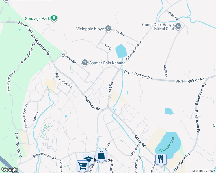 map of restaurants, bars, coffee shops, grocery stores, and more near 4 Koritz Court in Kiryas Joel
