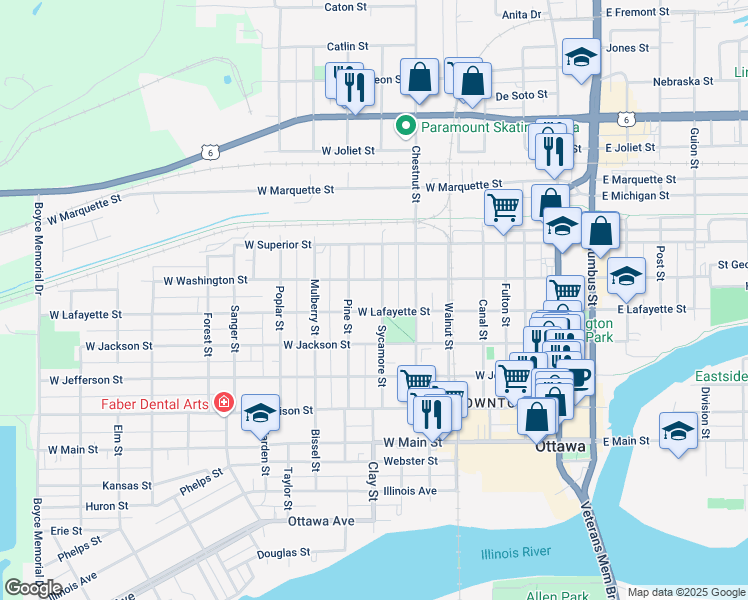 map of restaurants, bars, coffee shops, grocery stores, and more near 713 West Washington Street in Ottawa