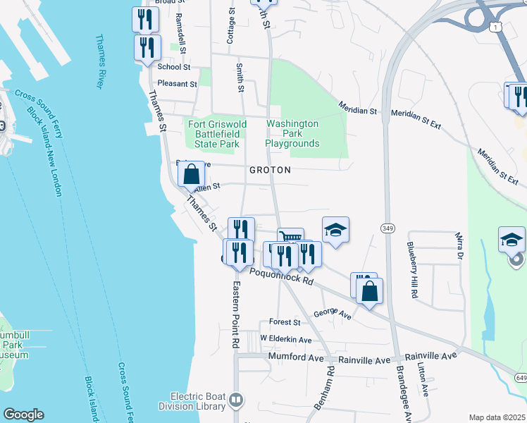 map of restaurants, bars, coffee shops, grocery stores, and more near 245 Mitchell Street in Groton