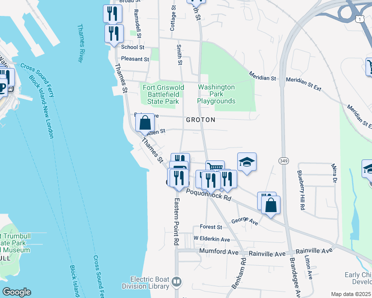 map of restaurants, bars, coffee shops, grocery stores, and more near 60 Ledyard Avenue in Groton