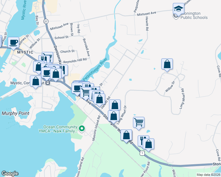 map of restaurants, bars, coffee shops, grocery stores, and more near 45 Hewitt Road in Stonington