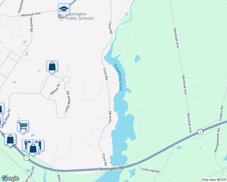 map of restaurants, bars, coffee shops, grocery stores, and more near 122 Cove Road in Stonington
