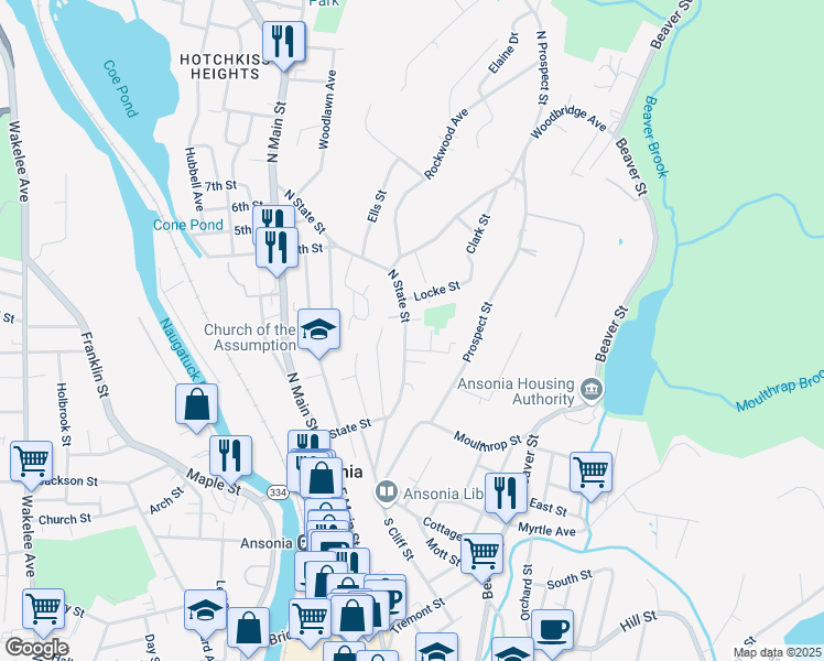 map of restaurants, bars, coffee shops, grocery stores, and more near 122 North State Street in Ansonia