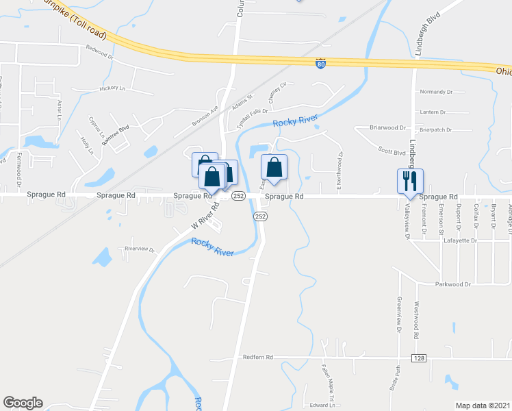 map of restaurants, bars, coffee shops, grocery stores, and more near 9858 East River Road North in Columbia Station
