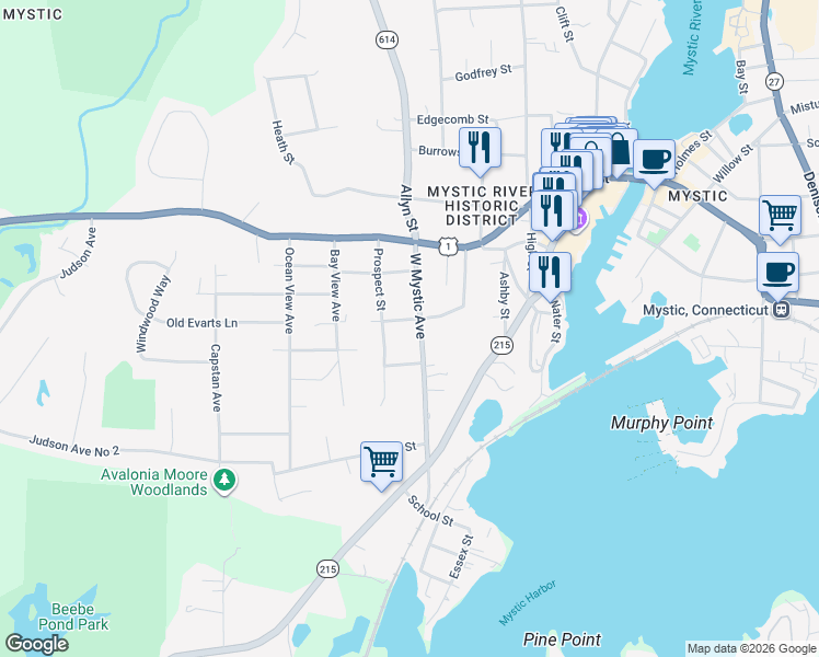 map of restaurants, bars, coffee shops, grocery stores, and more near 12 West Mystic Avenue in Groton