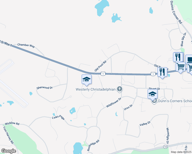map of restaurants, bars, coffee shops, grocery stores, and more near 143 Post Road in Westerly