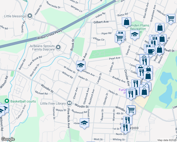 map of restaurants, bars, coffee shops, grocery stores, and more near 225 Gorham Avenue in Hamden