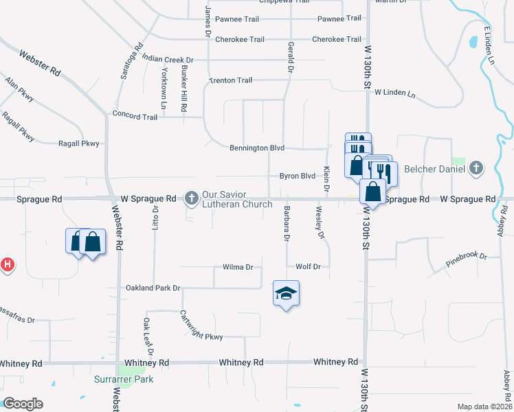 map of restaurants, bars, coffee shops, grocery stores, and more near 13721 Sprague Road in Strongsville