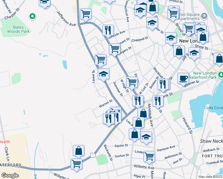 map of restaurants, bars, coffee shops, grocery stores, and more near 95 Colman Street in New London