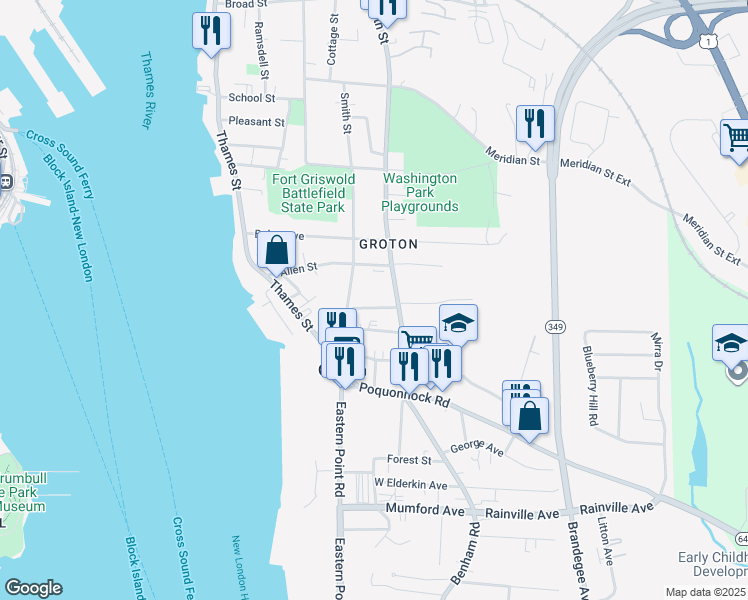 map of restaurants, bars, coffee shops, grocery stores, and more near 60 Ledyard Avenue in Groton