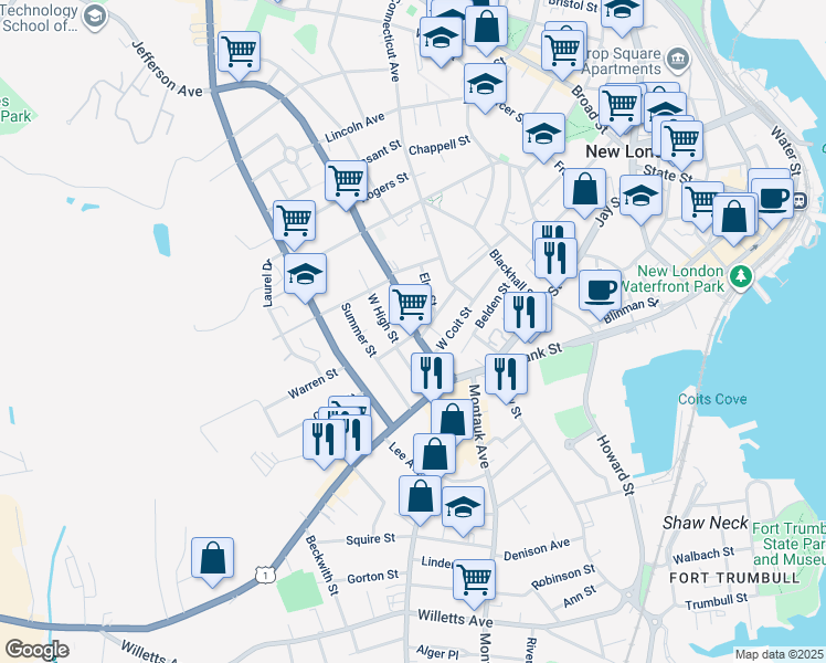 map of restaurants, bars, coffee shops, grocery stores, and more near 51 Jefferson Avenue in New London