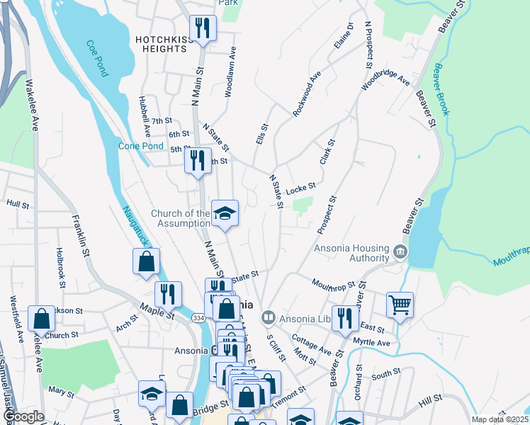 map of restaurants, bars, coffee shops, grocery stores, and more near 63 Pleasant Street in Ansonia