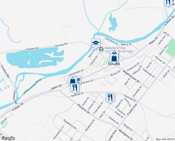 map of restaurants, bars, coffee shops, grocery stores, and more near 123-181 Chittenden Street in Duryea