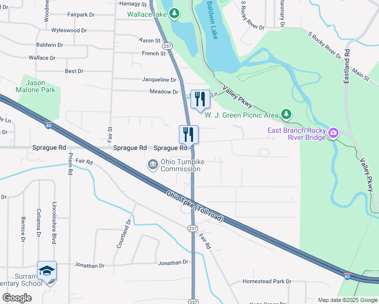 map of restaurants, bars, coffee shops, grocery stores, and more near 650 Prospect Road in Berea