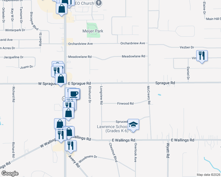 map of restaurants, bars, coffee shops, grocery stores, and more near 1000 East Sprague Road in Broadview Heights