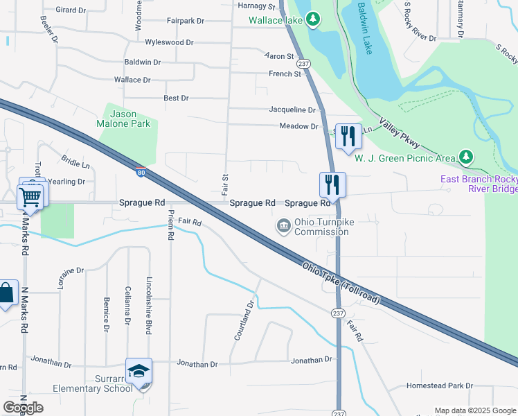 map of restaurants, bars, coffee shops, grocery stores, and more near 135 Sprague Road in Berea