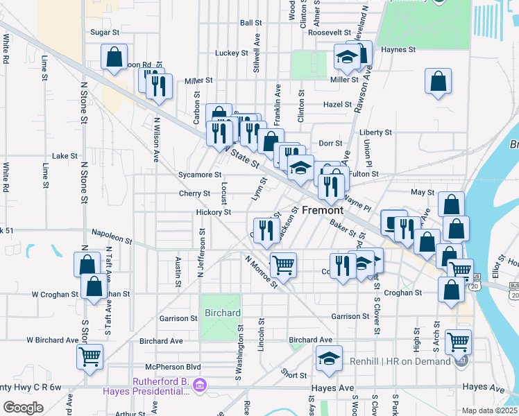 map of restaurants, bars, coffee shops, grocery stores, and more near 1136 Hickory Street in Fremont