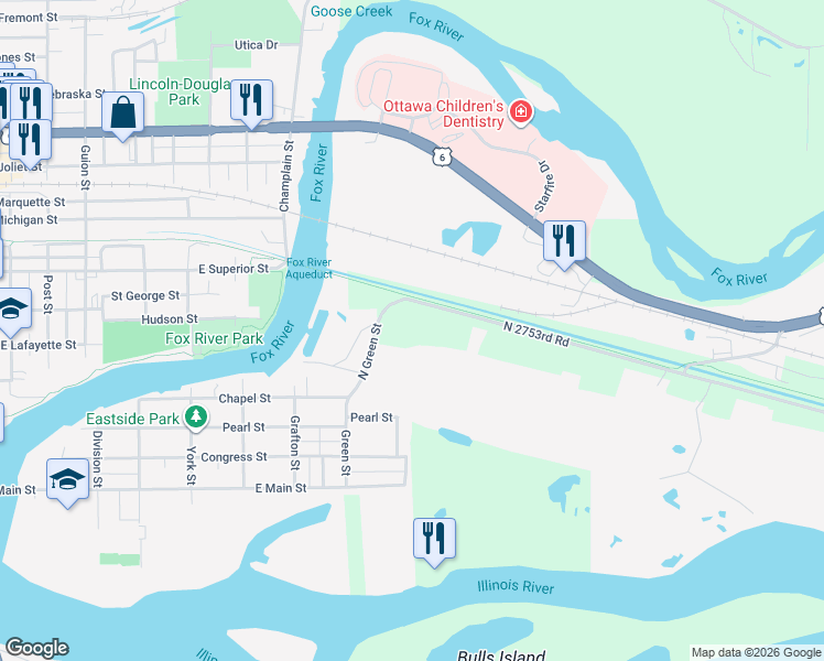 map of restaurants, bars, coffee shops, grocery stores, and more near 1752 North 2753rd Road in Ottawa