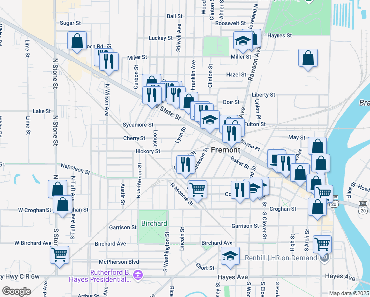 map of restaurants, bars, coffee shops, grocery stores, and more near 1136 Hickory Street in Fremont