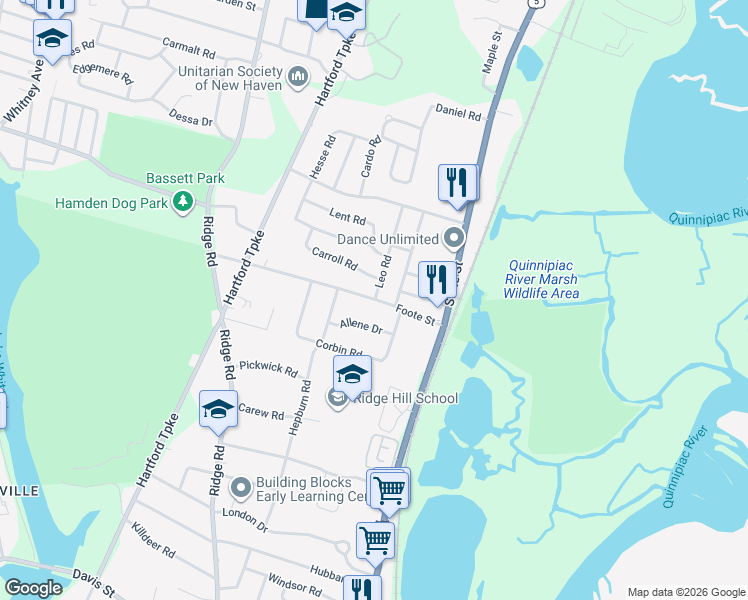 map of restaurants, bars, coffee shops, grocery stores, and more near 77 Foote Street in Hamden
