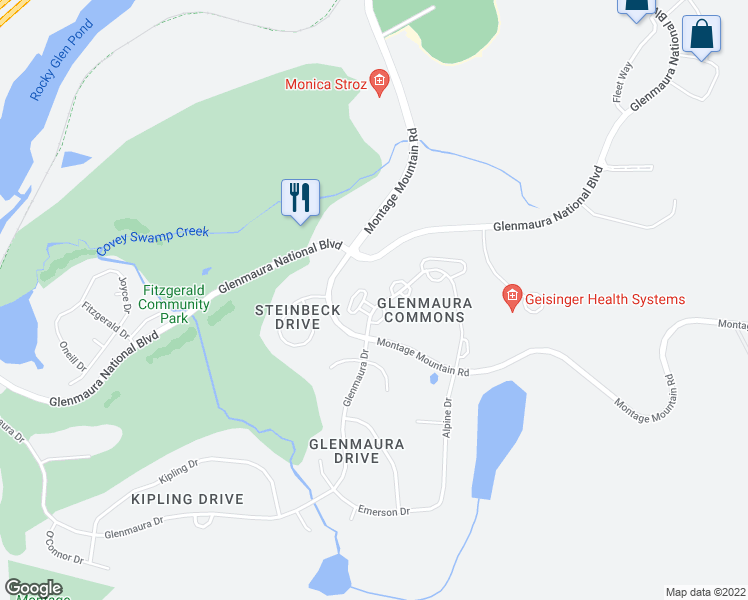 map of restaurants, bars, coffee shops, grocery stores, and more near 603 Thackeray Close in Moosic