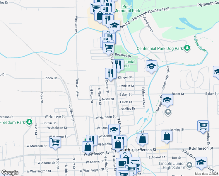 map of restaurants, bars, coffee shops, grocery stores, and more near 1216 North Center Street in Plymouth