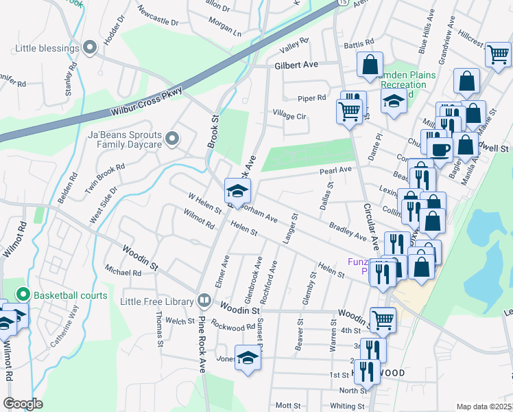 map of restaurants, bars, coffee shops, grocery stores, and more near 225 Gorham Avenue in Hamden