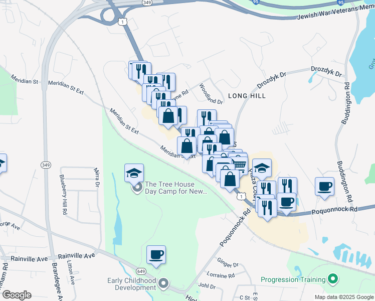 map of restaurants, bars, coffee shops, grocery stores, and more near 625 Long Hill Road in Groton