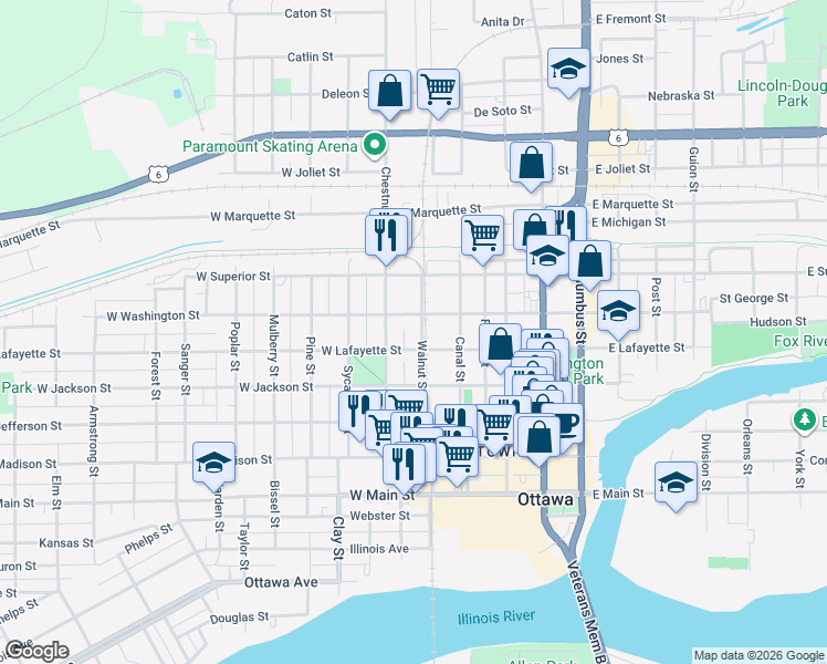 map of restaurants, bars, coffee shops, grocery stores, and more near 1013 Walnut Street in Ottawa