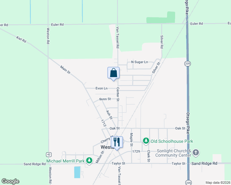 map of restaurants, bars, coffee shops, grocery stores, and more near 13505 Center Street in Weston