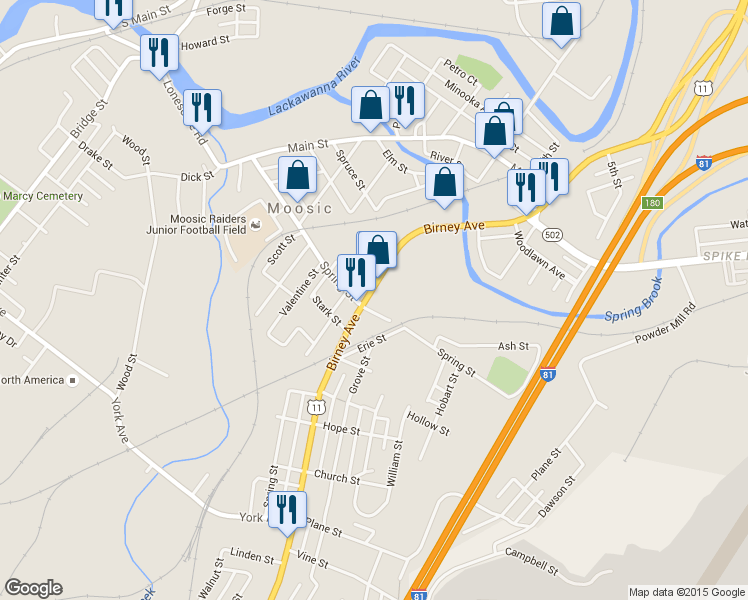 map of restaurants, bars, coffee shops, grocery stores, and more near 705 Spring Street in Moosic