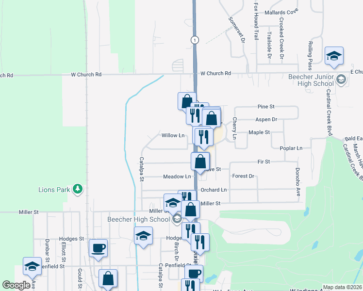 map of restaurants, bars, coffee shops, grocery stores, and more near 513 Chestnut Lane in Beecher