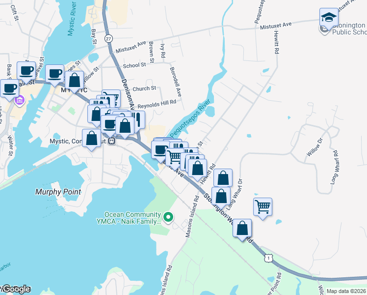 map of restaurants, bars, coffee shops, grocery stores, and more near 26 Avery Street in Stonington