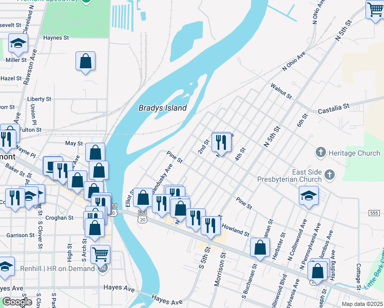 map of restaurants, bars, coffee shops, grocery stores, and more near 418 2nd Street in Fremont