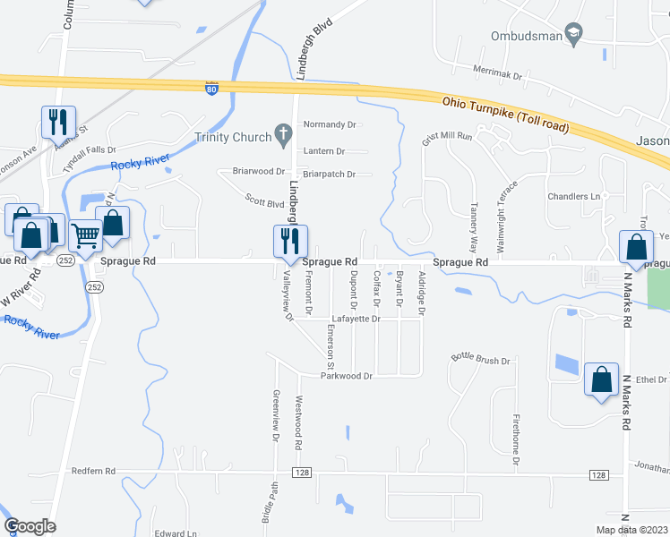 map of restaurants, bars, coffee shops, grocery stores, and more near 23757 Sprague Road in Columbia Station