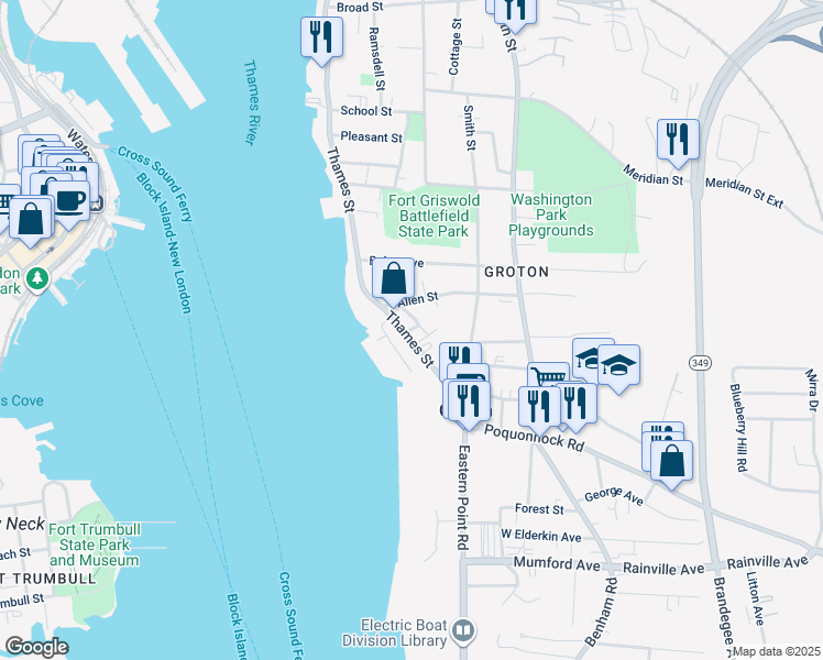 map of restaurants, bars, coffee shops, grocery stores, and more near 468 Thames Street in Groton