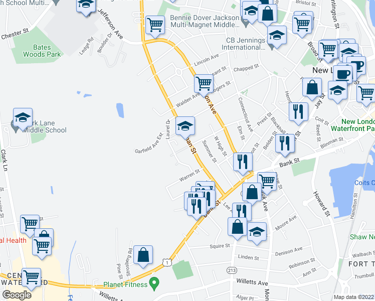 map of restaurants, bars, coffee shops, grocery stores, and more near 86 Redden Avenue in New London