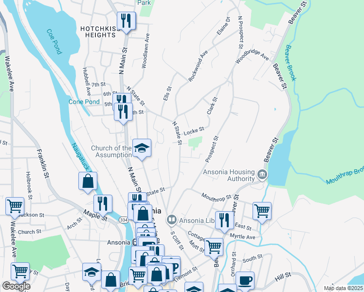 map of restaurants, bars, coffee shops, grocery stores, and more near 122 North State Street in Ansonia
