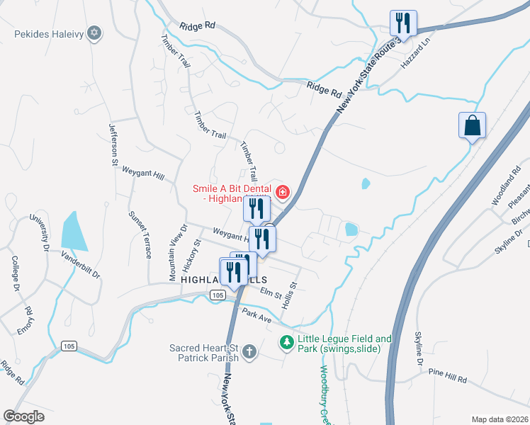 map of restaurants, bars, coffee shops, grocery stores, and more near 555 New York 32 in Woodbury