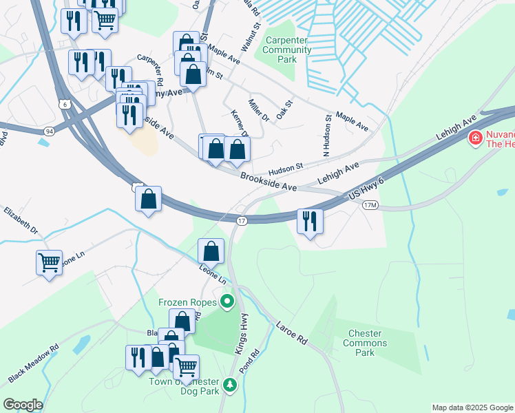 map of restaurants, bars, coffee shops, grocery stores, and more near 35 Kings Highway in Chester