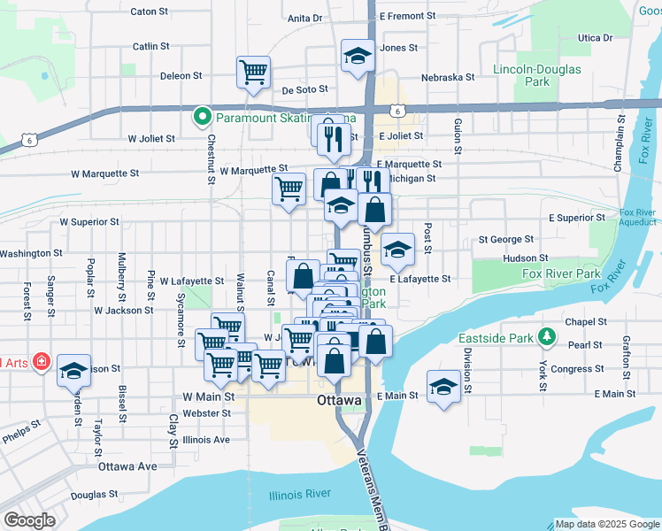 map of restaurants, bars, coffee shops, grocery stores, and more near 216 West Lafayette Street in Ottawa