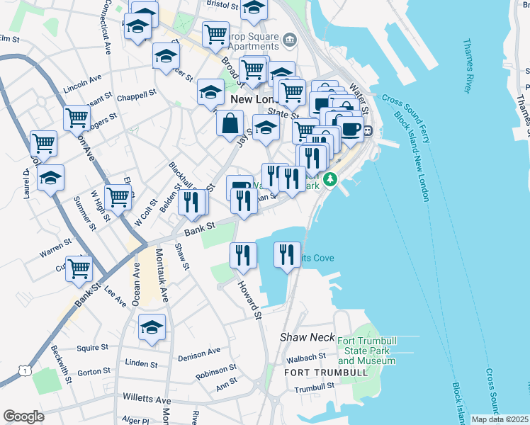 map of restaurants, bars, coffee shops, grocery stores, and more near 400 Bank Street in New London