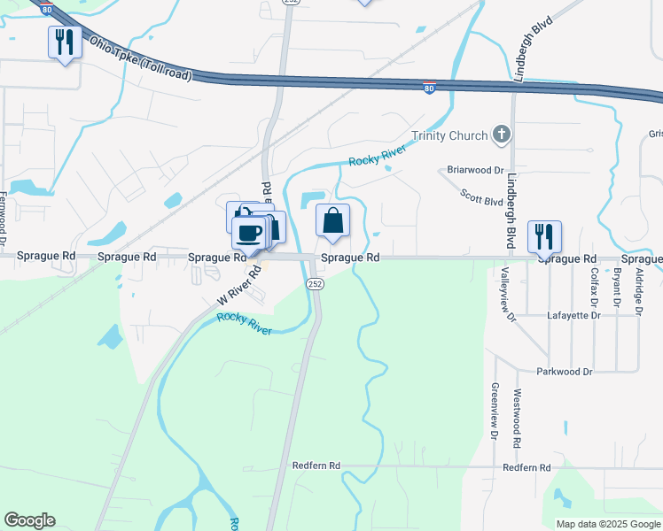 map of restaurants, bars, coffee shops, grocery stores, and more near 24355 Sprague Road in Columbia Station