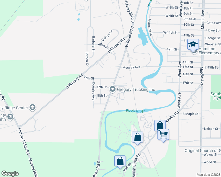 map of restaurants, bars, coffee shops, grocery stores, and more near 7701 West River Road South in Elyria